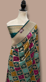 Multicolor Pure Katan Silk Banarasi Handloom Saree - All over Jaal Work With Rangkart - The Handlooms