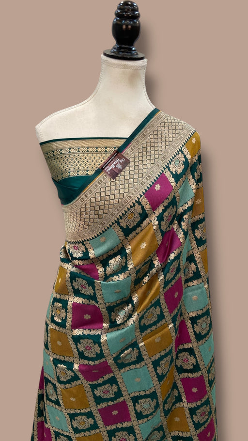 Multicolor Pure Katan Silk Banarasi Handloom Saree - All over Jaal Work With Rangkart - The Handlooms