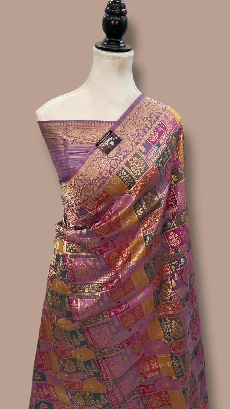 Multicolor Pure Katan Silk Banarasi Handloom Saree - All over Jaal Work With Rangkart - The Handlooms