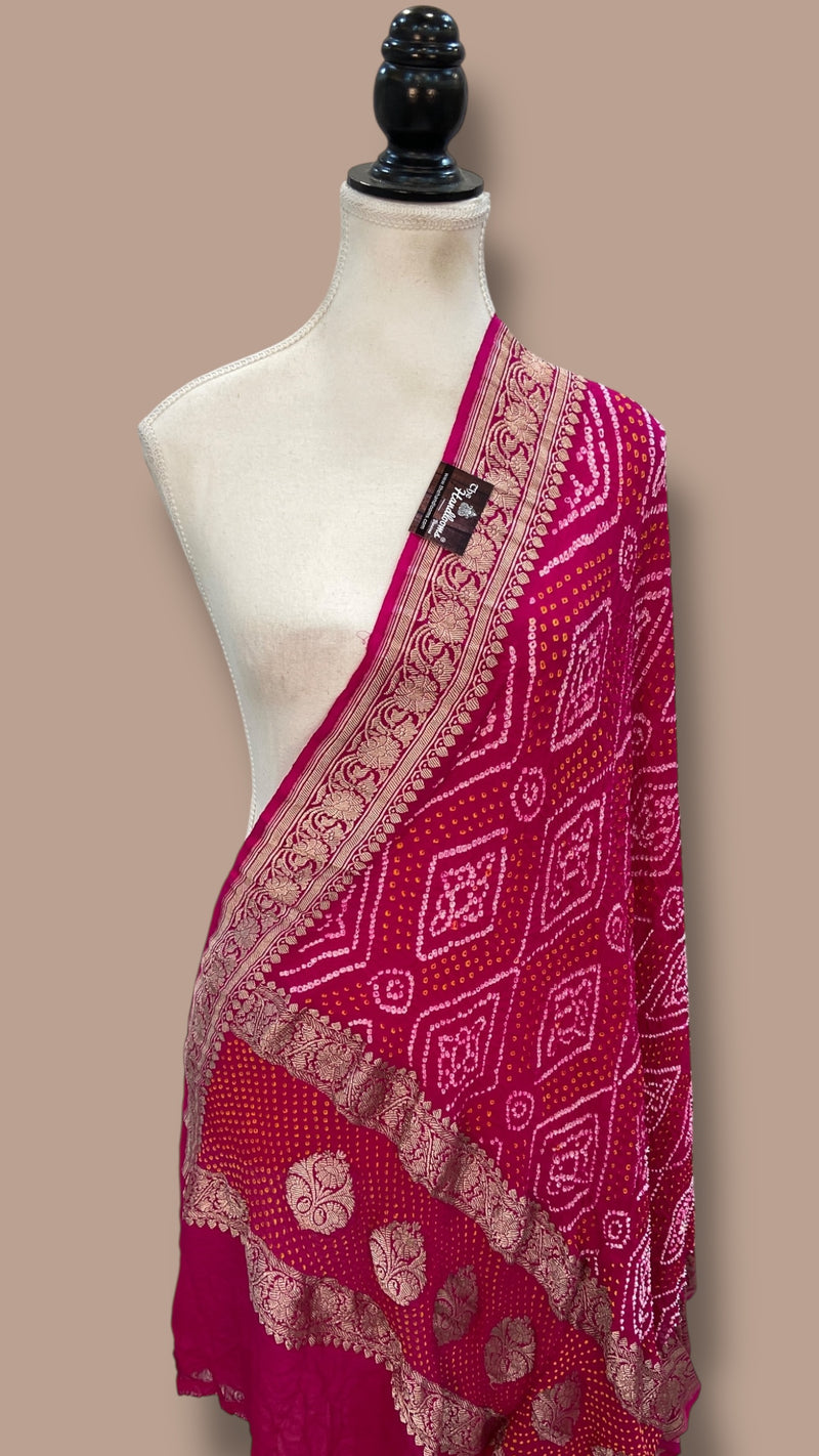 Pure Georgette Banarasi Bandhej Handloom Dupatta - Water Zari - The Handlooms