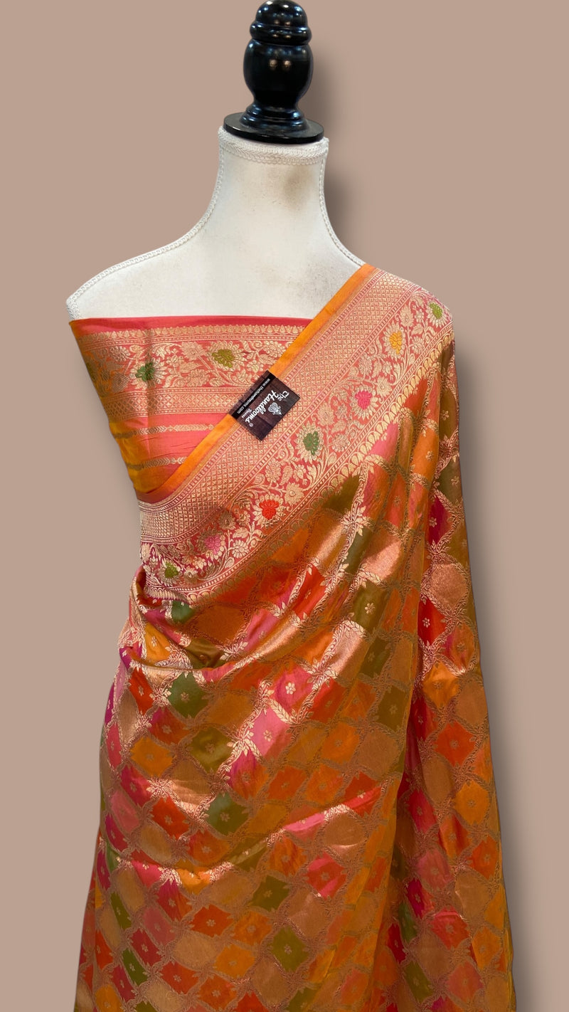 Multicolor Pure Katan Silk Banarasi Handloom Saree - All over Jaal Work With Rangkart - The Handlooms