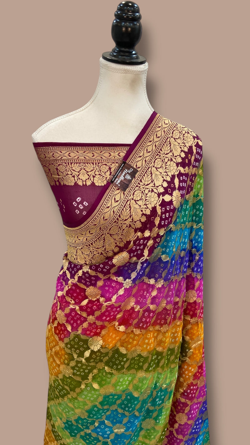 Pure Georgette Banarasi Bandhej Handloom Saree Multicolor - The Handlooms
