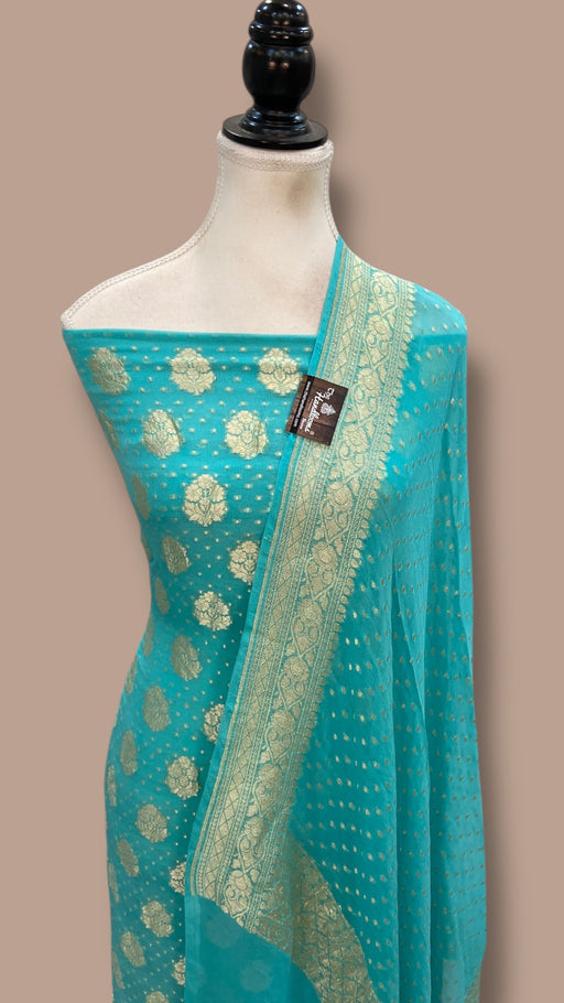 Aqua Blue Pure Khaddi Georgette Banarasi Dress material - The Handlooms