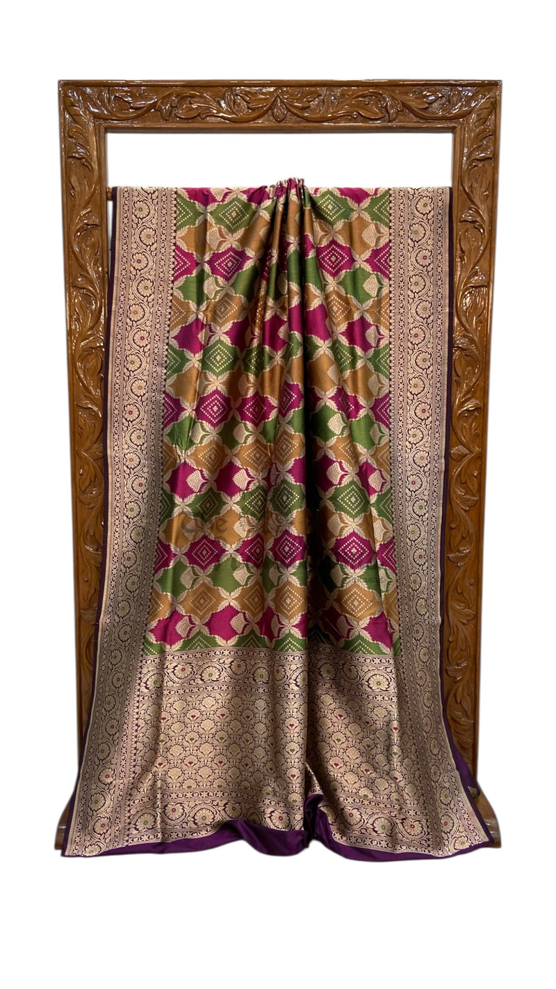 Multicolor Pure Katan Silk Banarasi Handloom Saree - All over Jaal Work With Rangkart