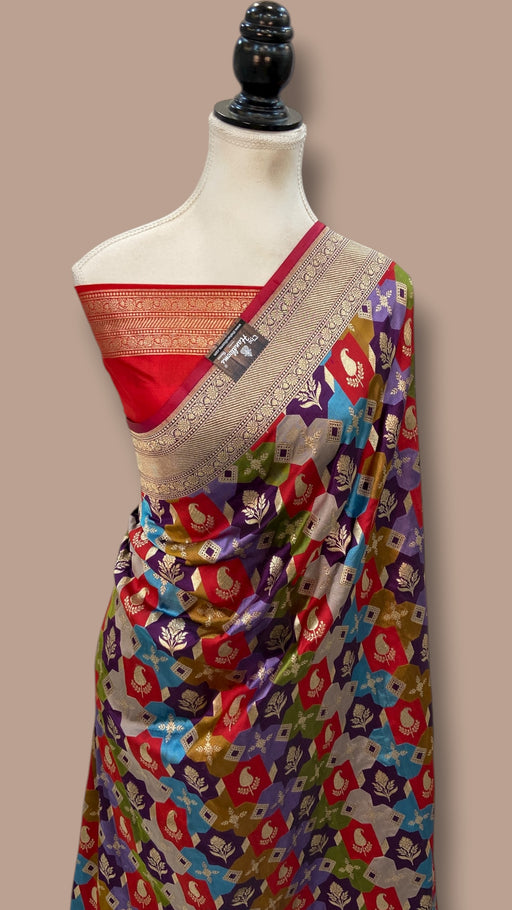 Multicolor Pure Katan Silk Banarasi Handloom Saree - All over Jaal Work With Rangkart - The Handlooms