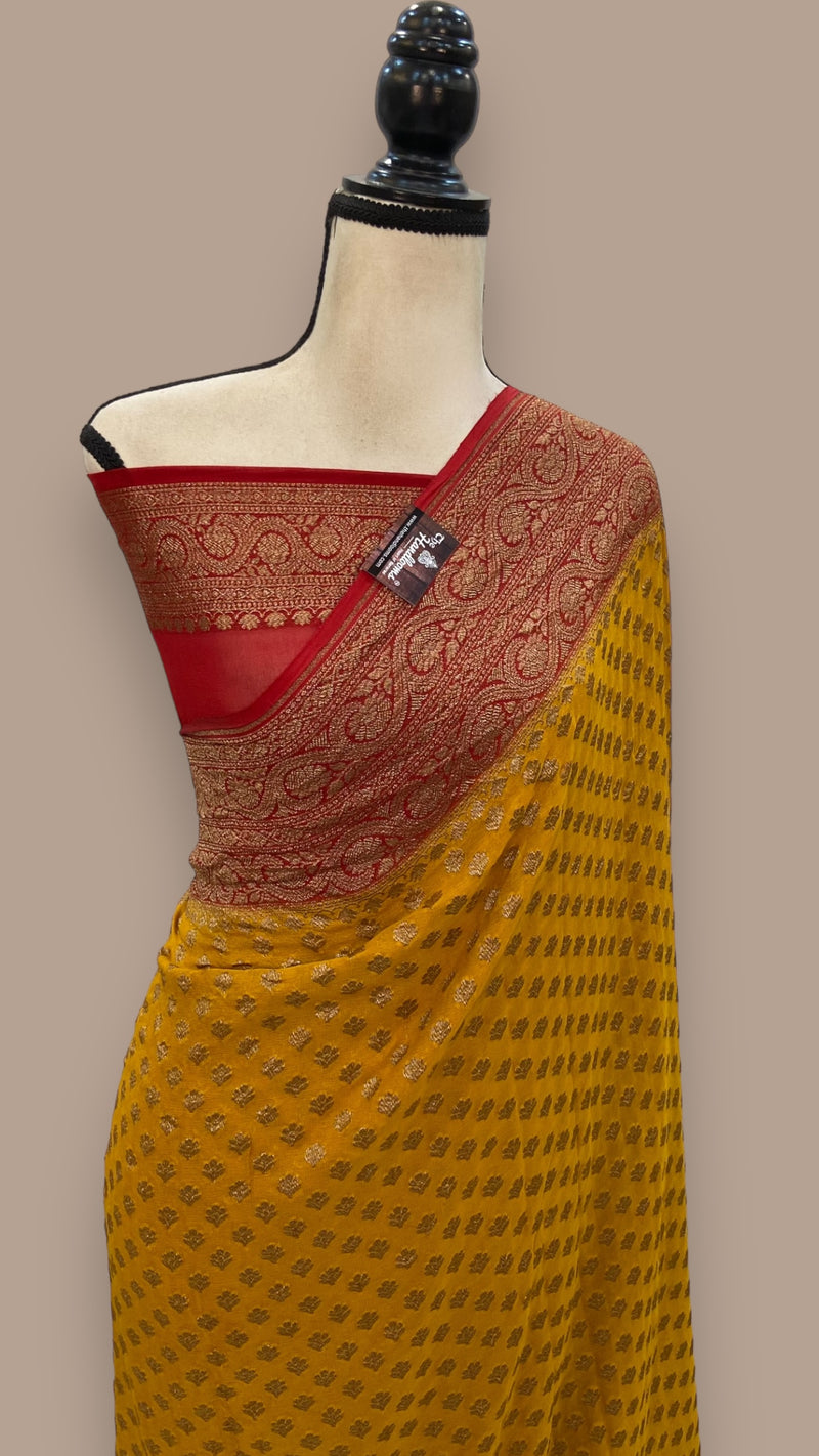 Mustard Yellow Khaddi Georgette Handloom Banarasi Saree - The Handlooms