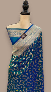 German Blue Pure Katan Silk Banarasi Handloom Saree - All over Jaal work with Meenakari - The Handlooms