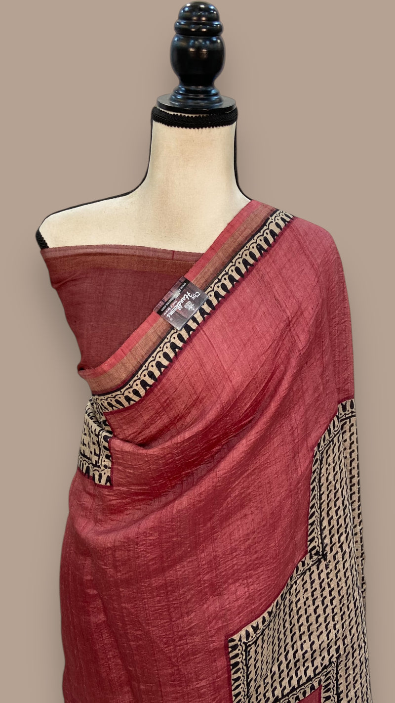 Pure Tussar Silk Handloom Banarasi Saree With Handprints - The Handlooms