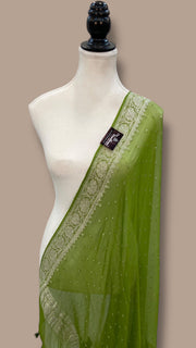 Pista Green Pure Georgette Dupatta - silver zari - The Handlooms