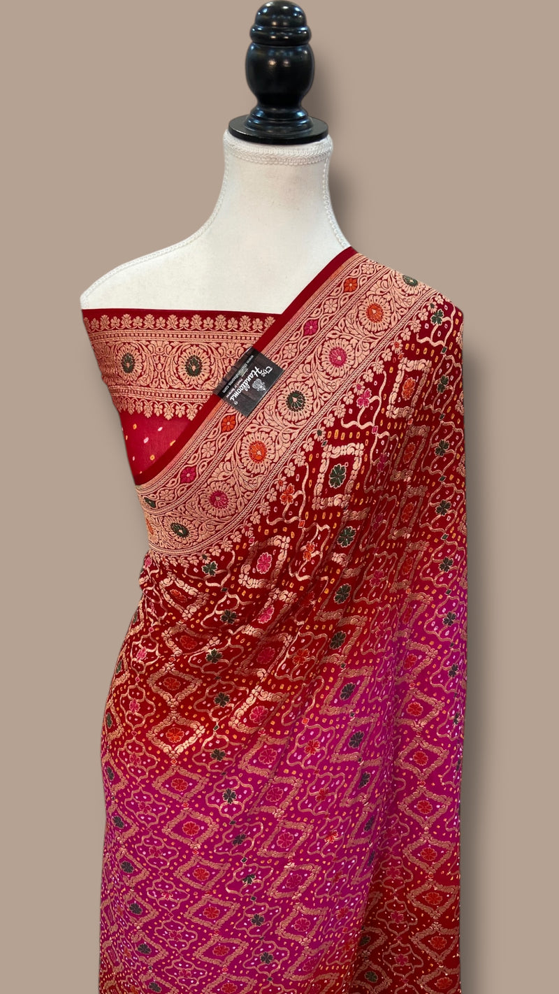 Pure Georgette Banarasi Bandhej Handloom Saree - with meenakari work - The Handlooms