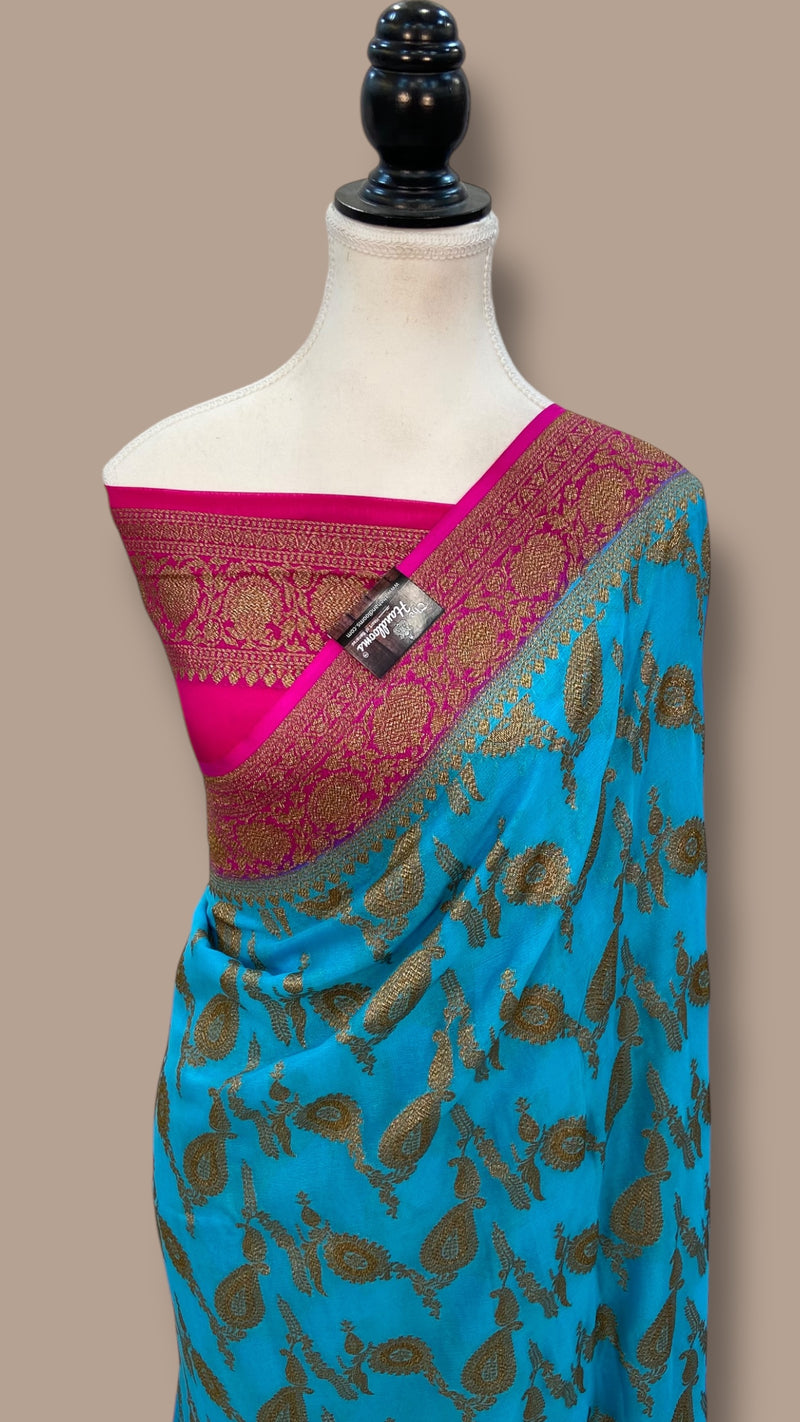 Khaddi Georgette Handloom Banarasi Saree - Antique Zari - The Handlooms