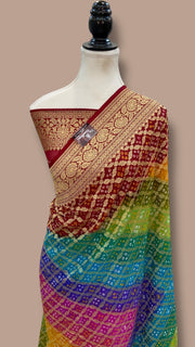 Pure Georgette Banarasi Bandhej Handloom Saree Multicolor - The Handlooms