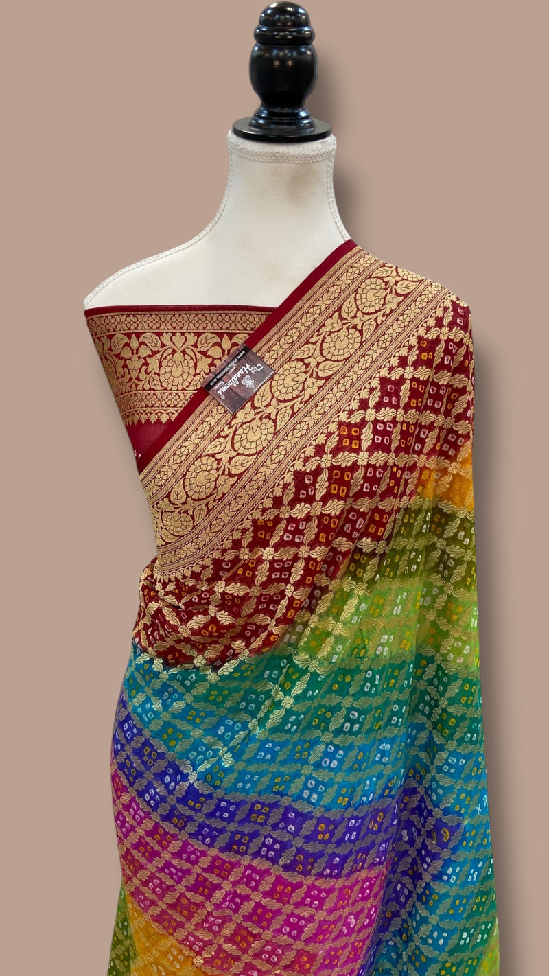 Pure Georgette Banarasi Bandhej Handloom Saree Multicolor - The Handlooms