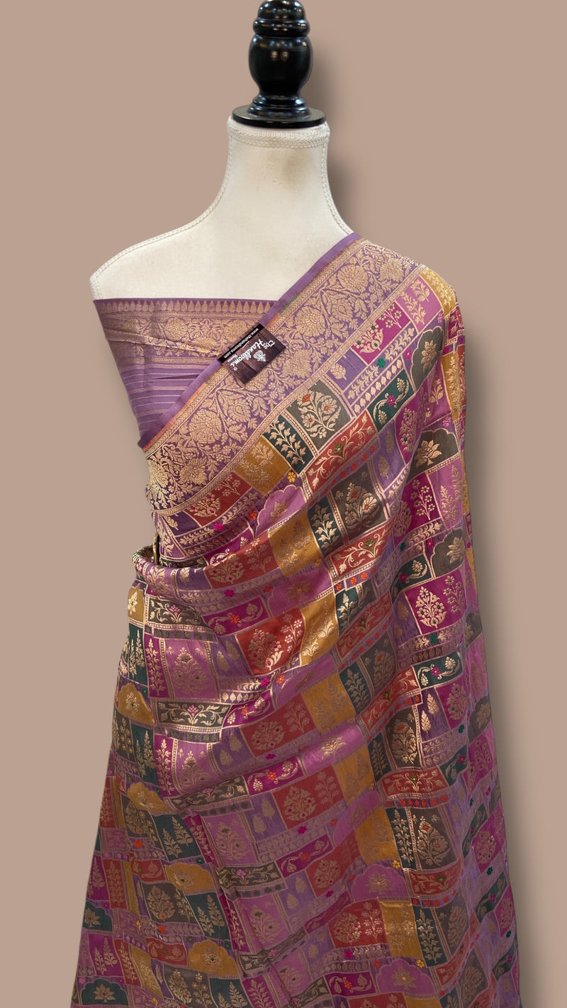 Multicolor Pure Katan Silk Banarasi Handloom Saree - All over Jaal Work With Rangkart - The Handlooms