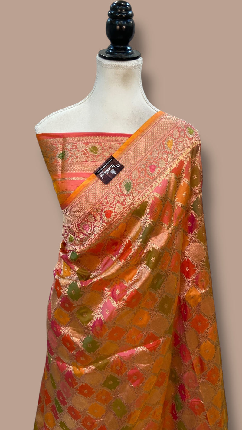 Multicolor Pure Katan Silk Banarasi Handloom Saree - All over Jaal Work With Rangkart - The Handlooms