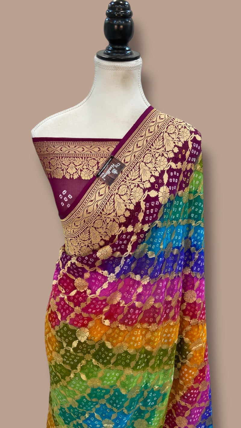 Pure Georgette Banarasi Bandhej Handloom Saree Multicolor - The Handlooms