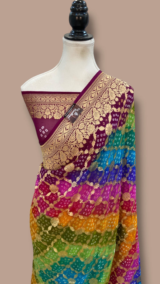 Pure Georgette Banarasi Bandhej Handloom Saree Multicolor - The Handlooms