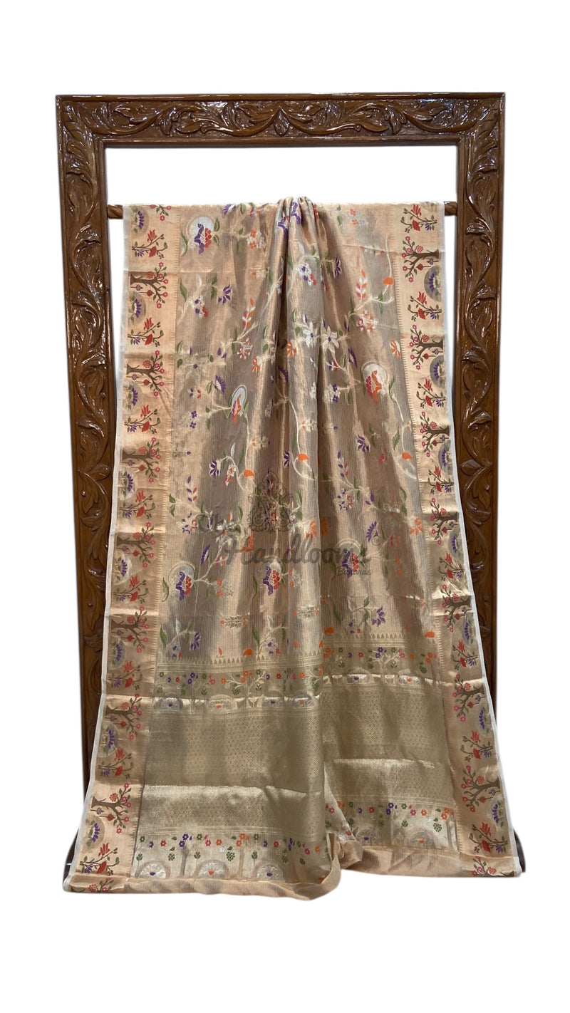 Pure Kora Tissue Handloom Banarasi Saree - Paithani Border - The Handlooms
