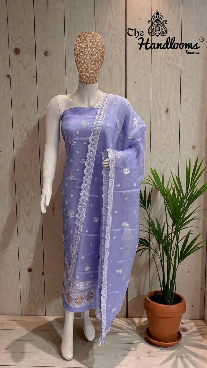 Pure Tussar Chikankari Handloom Banarasi Dress Material - The Handlooms