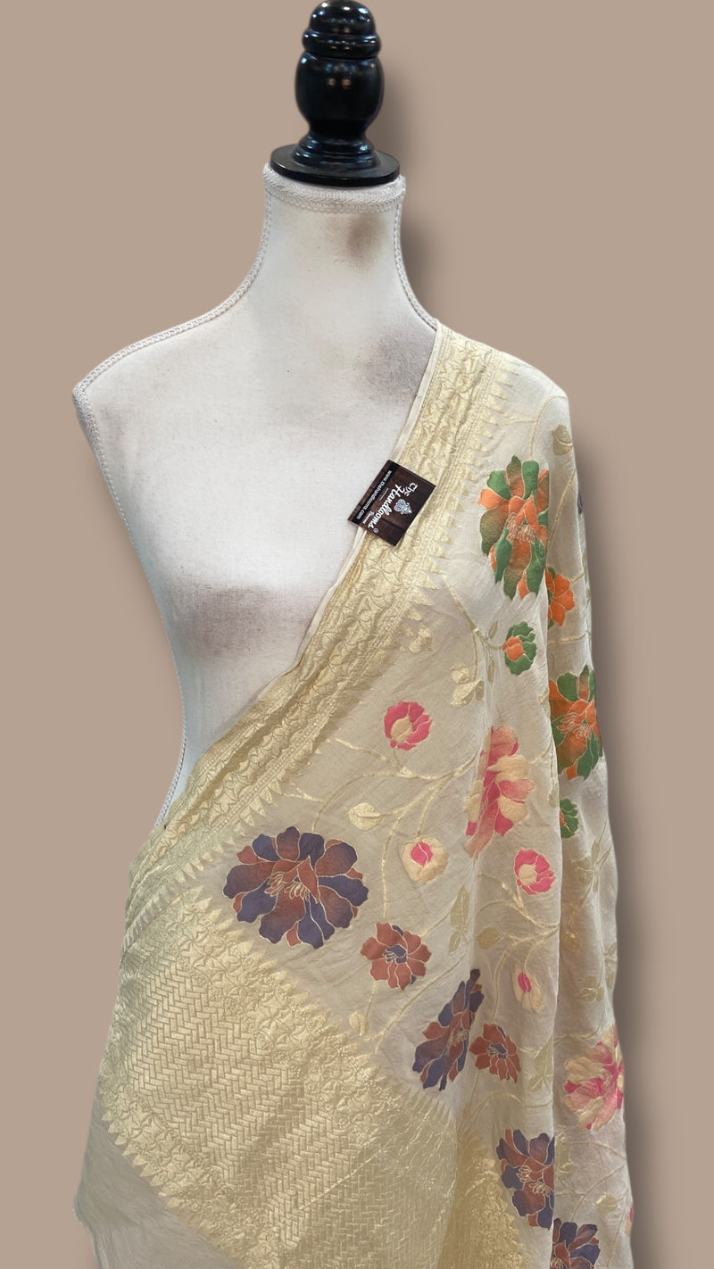 Pure Moonga Georgette Handloom Dupatta - Tilfi Meenakari - The Handlooms