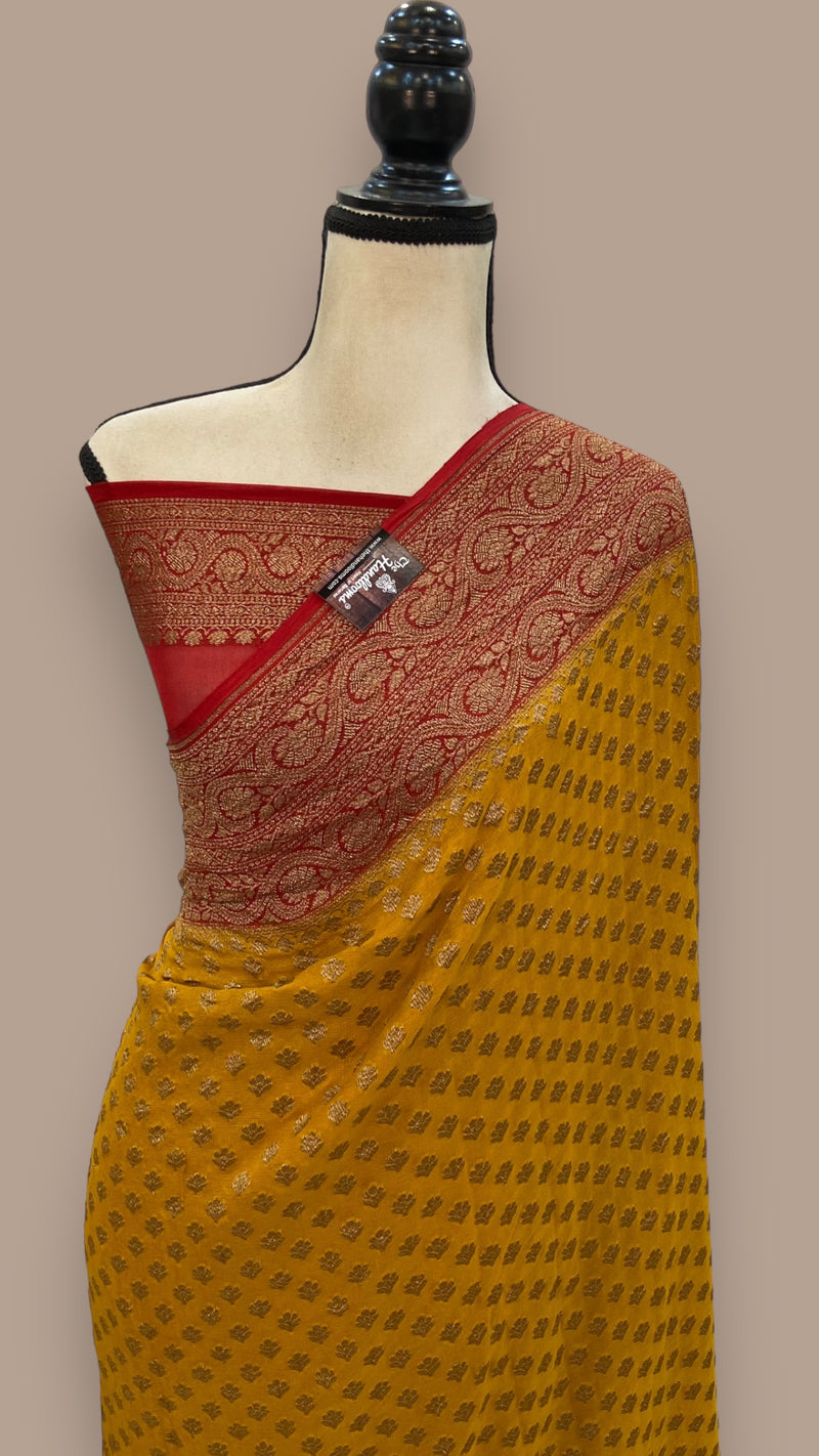Mustard Yellow Khaddi Georgette Handloom Banarasi Saree - The Handlooms