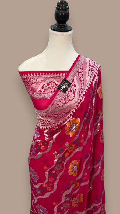 Pure Khaddi Georgette Handloom Banarasi Saree - All over Jaal Work With Meenakari