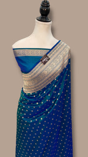 German Blue Pure Katan Silk Banarasi Handloom Saree - All Over Motifs - The Handlooms