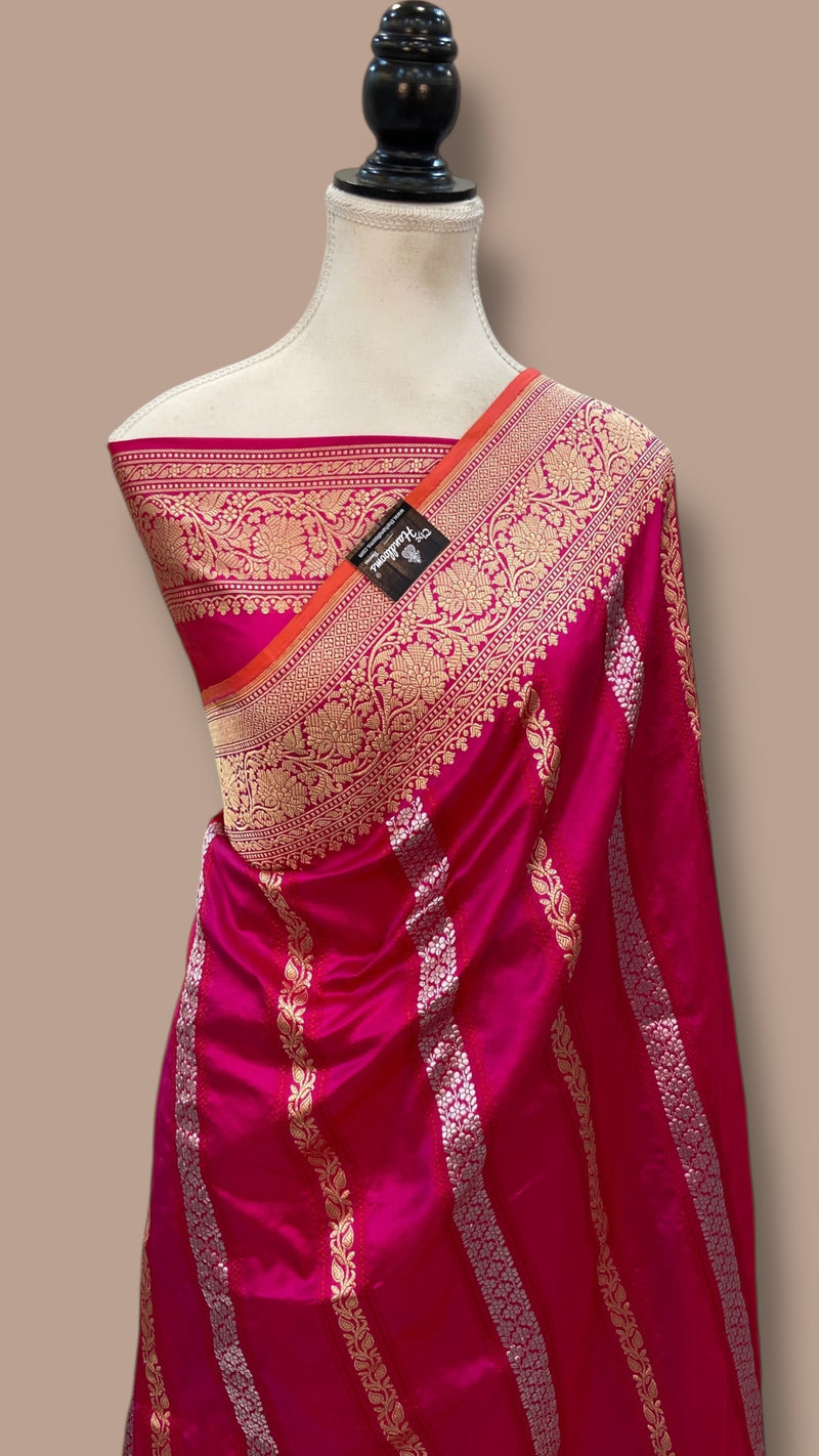 Pure Katan Silk Banarasi Handloom Saree - All over soona roopa  Kadua stripe - The Handlooms