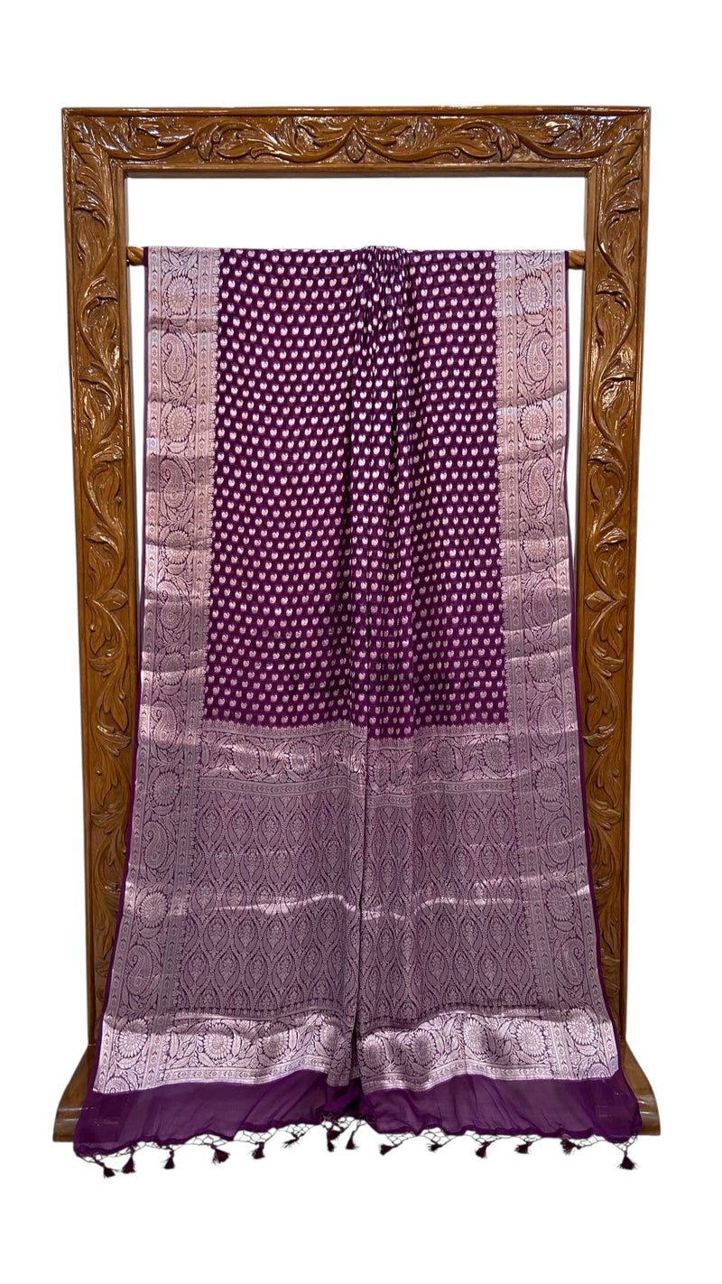 Wine Pure Chiffon Khaddi Banarasi Saree - The Handlooms