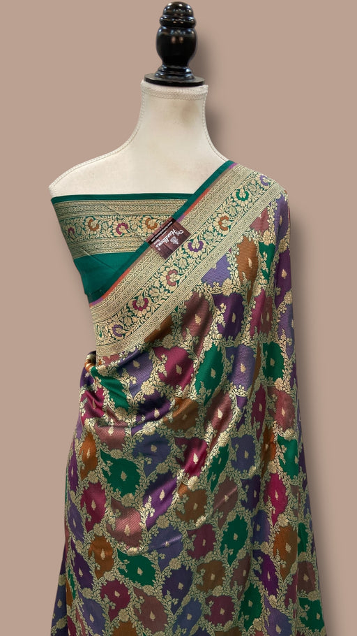 Multicolor Pure Katan Silk Banarasi Handloom Saree - All over Jaal Work With Rangkart - The Handlooms