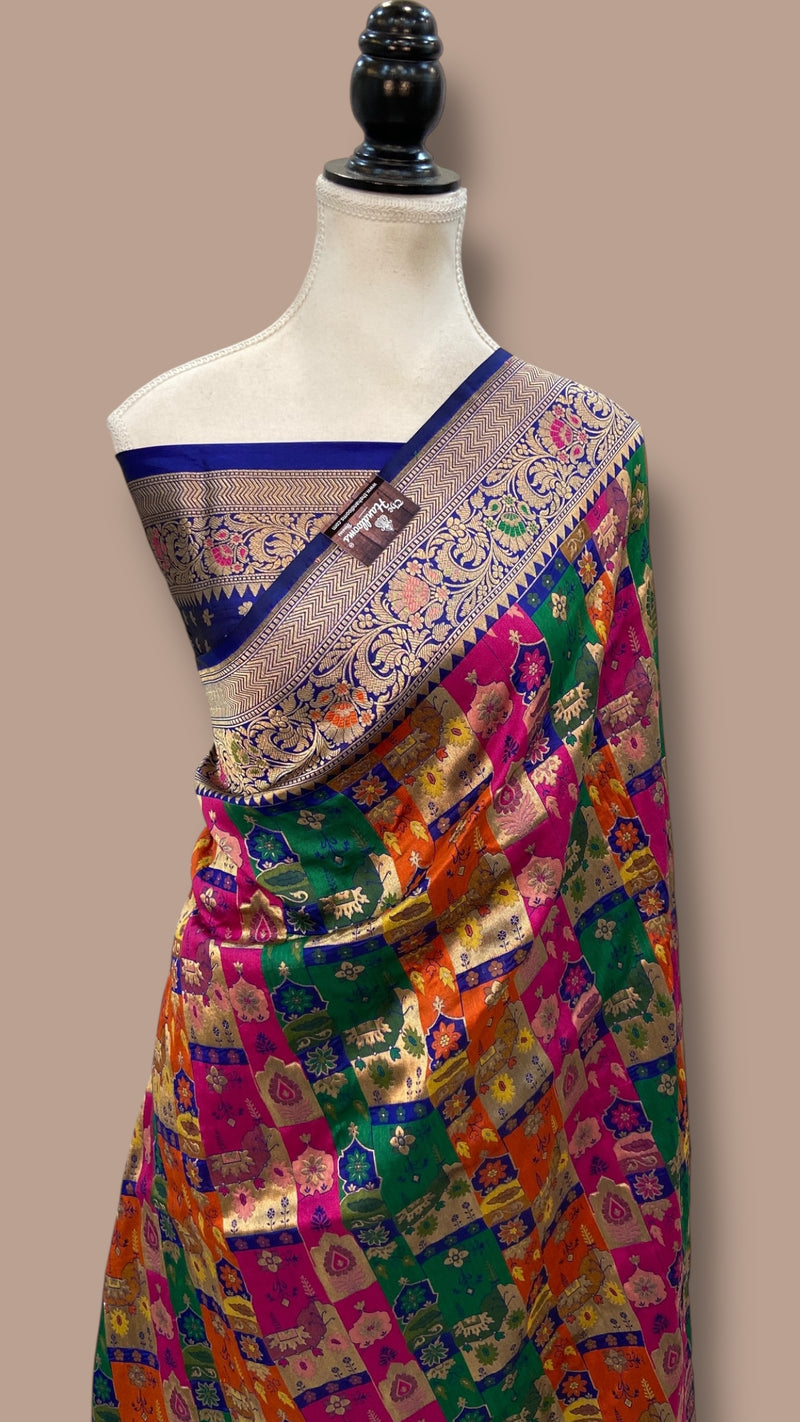 Multicolor Pure Katan Silk Banarasi Handloom Saree - All over Jaal Work With Rangkart - The Handlooms