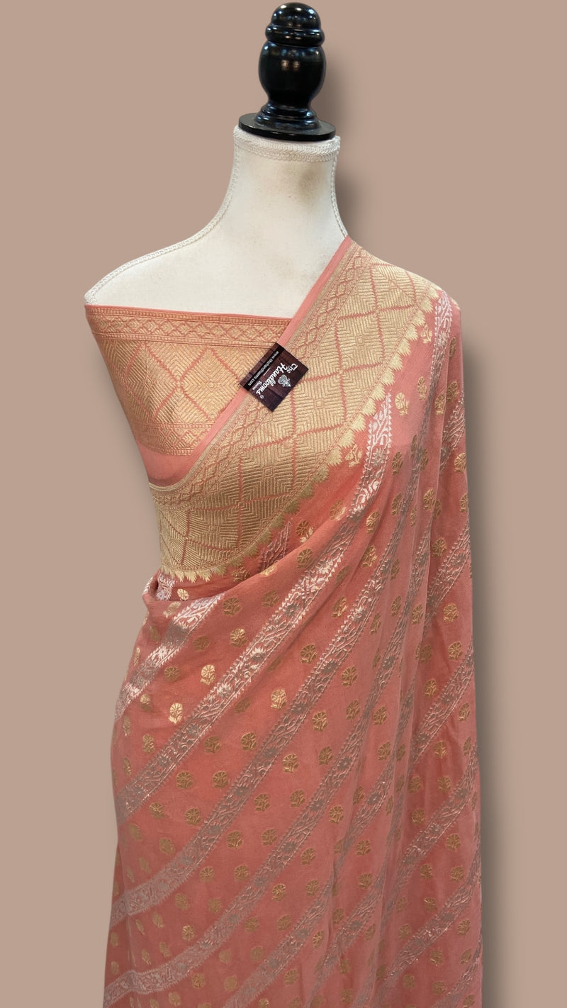 Khaddi Georgette Handloom Banarasi Saree - All Over Sona Roopa Jaal Work - The Handlooms