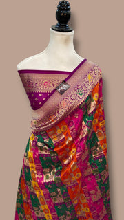 Multicolor Pure Katan Silk Banarasi Handloom Saree - All over Jaal Work With Rangkart - The Handlooms