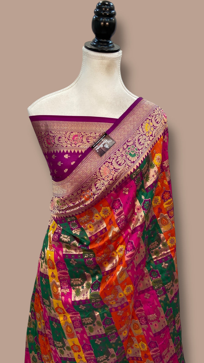 Multicolor Pure Katan Silk Banarasi Handloom Saree - All over Jaal Work With Rangkart - The Handlooms