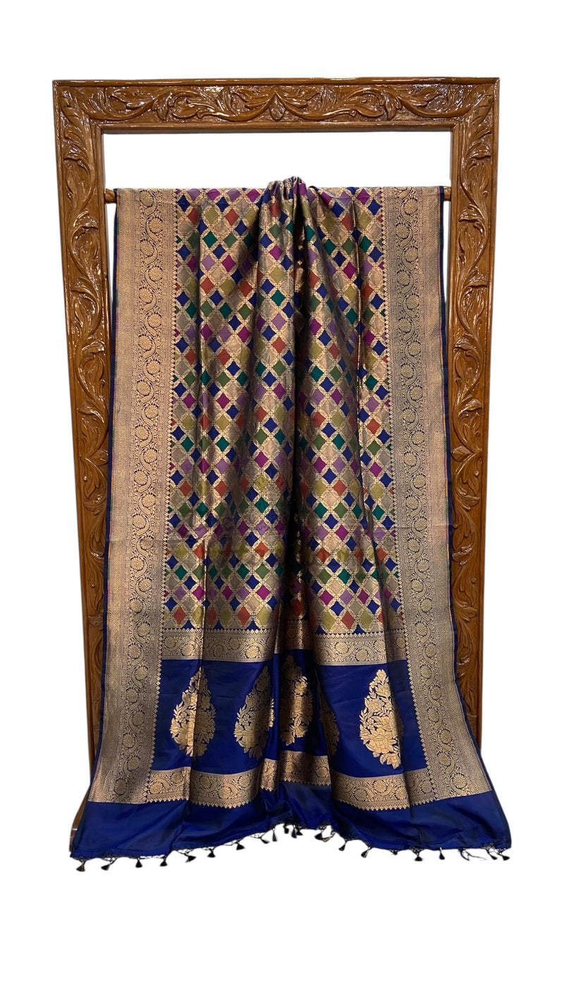 Multicolor Pure Katan Silk Banarasi Handloom Saree - All over Jaal Work With Rangkart - The Handlooms