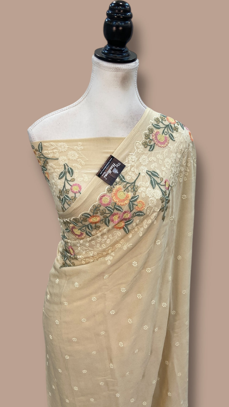 Pure Georgette Chikankari Handloom Banarasi Saree - The Handlooms