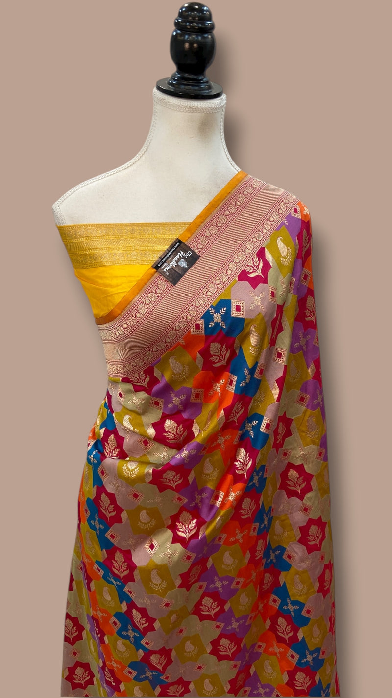 Multicolor Pure Katan Silk Banarasi Handloom Saree - All over Jaal Work With Rangkart - The Handlooms