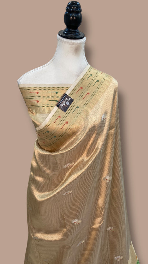 Pure Kora Tissue Handloom Banarasi Saree - Paithani Border - The Handlooms