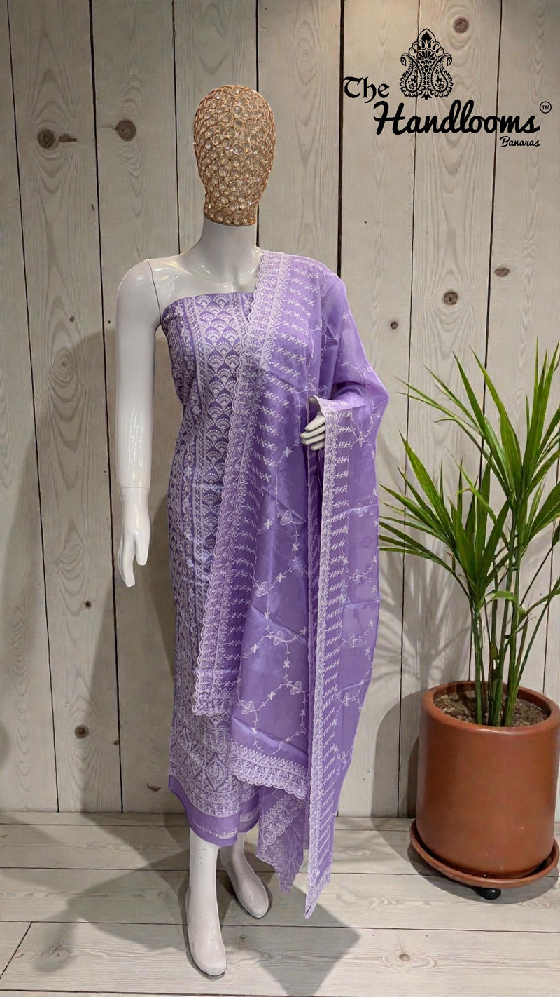 Pure Tussar Chikankari Handloom Banarasi Dress Material - The Handlooms