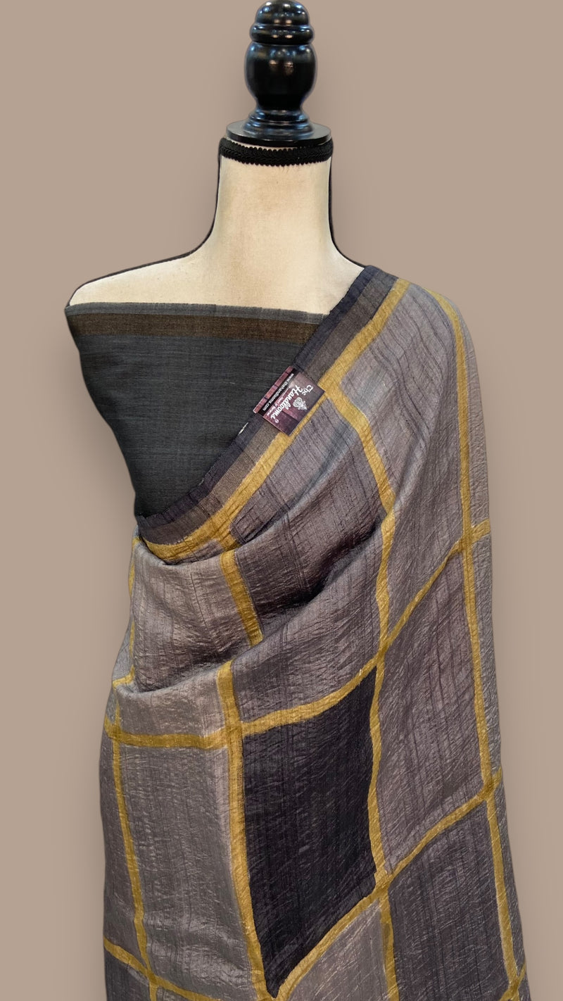 Pure Tussar Silk Handloom Banarasi Saree With Handprints - The Handlooms