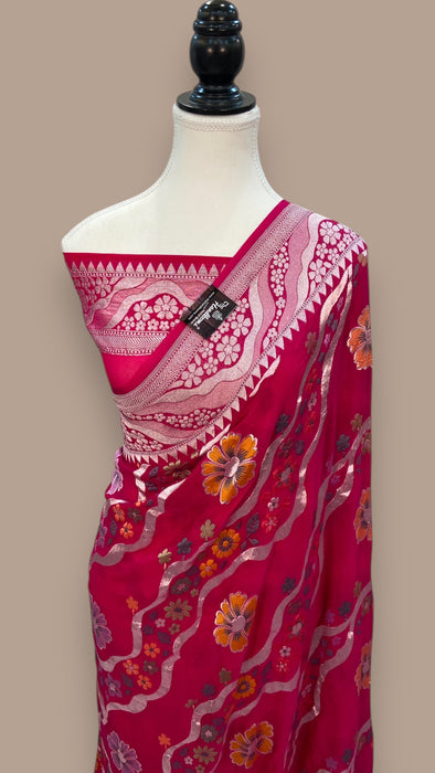 Pure Khaddi Georgette Handloom Banarasi Saree - All over Jaal Work With Meenakari