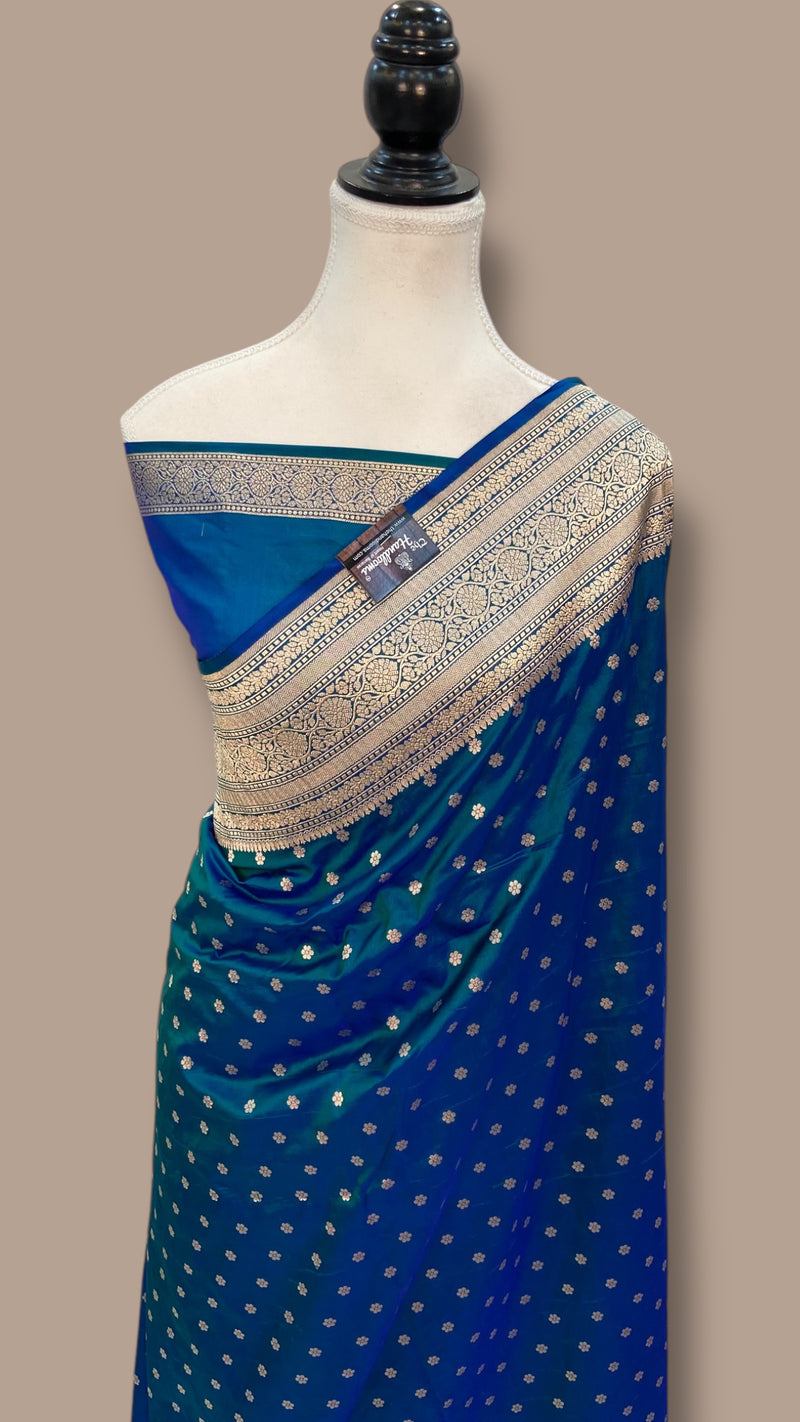 German Blue Pure Katan Silk Banarasi Handloom Saree - All Over Motifs - The Handlooms