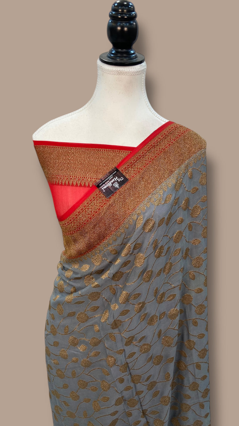 Khaddi Georgette Handloom Banarasi Saree -  Antique zari - The Handlooms