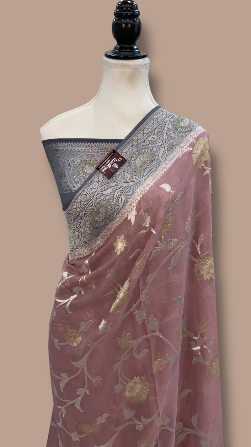 Pure Khaddi Georgette Handloom Banarasi Saree - All over Jaal Work With Meenakari - The Handlooms