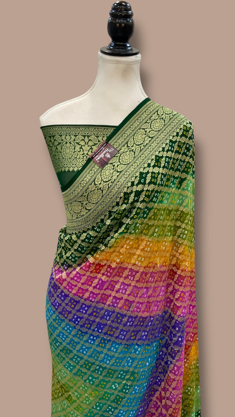Pure Georgette Banarasi Bandhej Handloom Saree Multicolor - The Handlooms