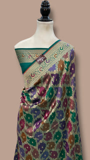 Multicolor Pure Katan Silk Banarasi Handloom Saree - All over Jaal Work With Rangkart - The Handlooms