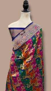 Multicolor Pure Katan Silk Banarasi Handloom Saree - All over Jaal Work With Rangkart - The Handlooms