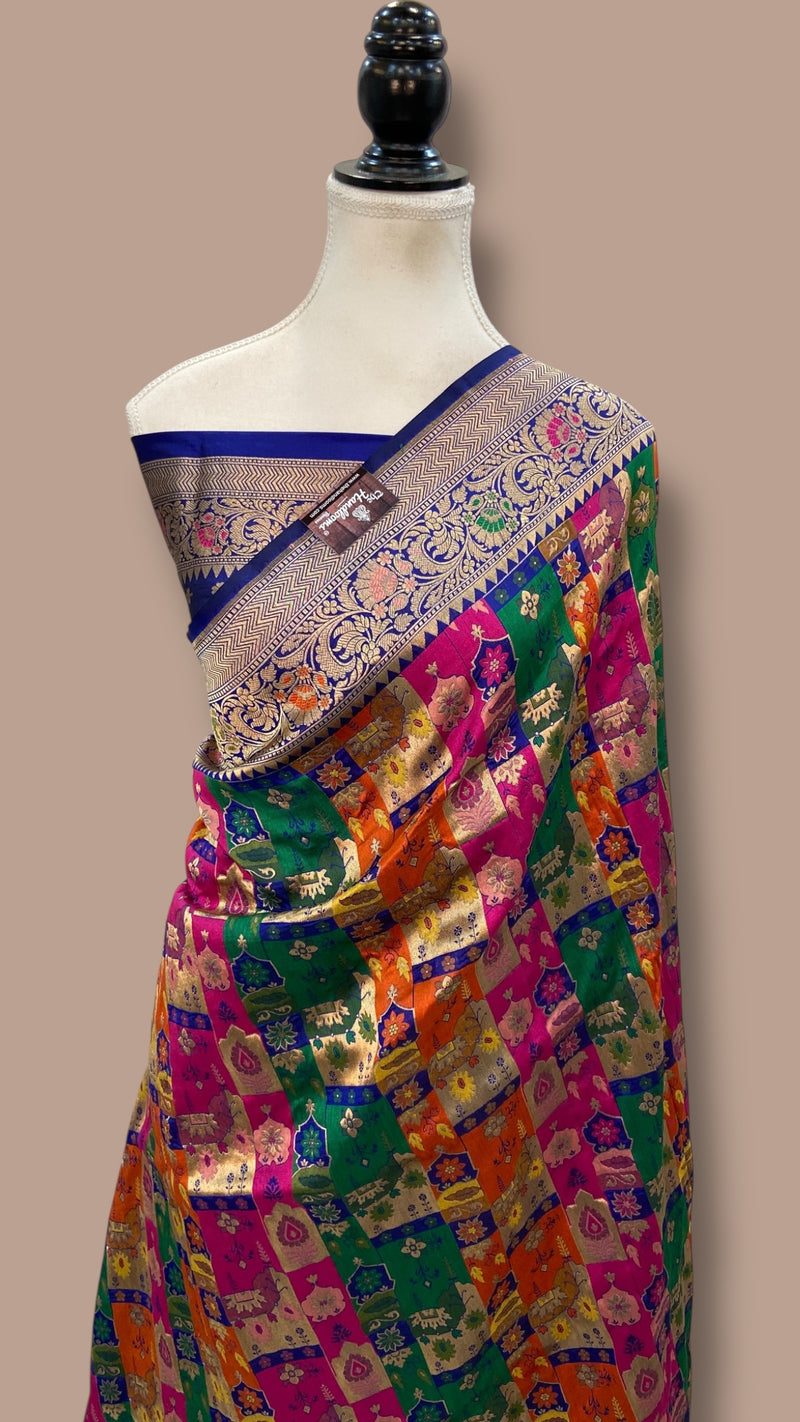 Multicolor Pure Katan Silk Banarasi Handloom Saree - All over Jaal Work With Rangkart - The Handlooms