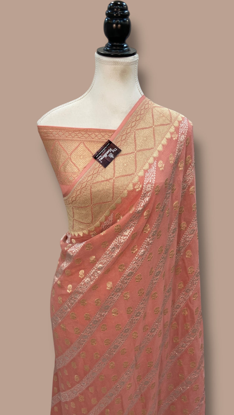 Khaddi Georgette Handloom Banarasi Saree - All Over Sona Roopa Jaal Work - The Handlooms