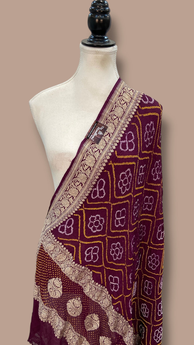 Pure Georgette Banarasi Bandhej Handloom Dupatta - Water Zari - The Handlooms